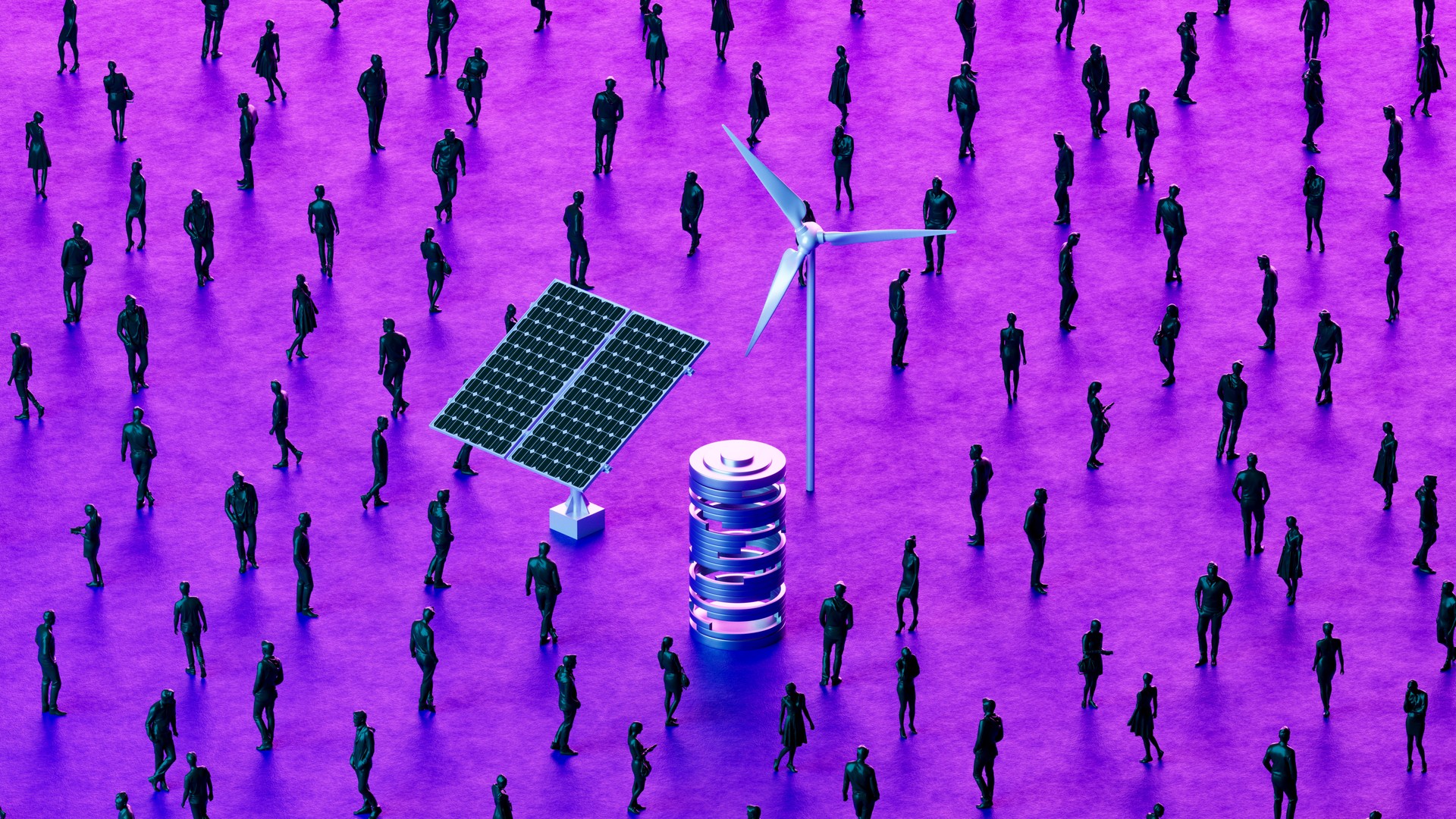 Wind Turbine, Solar Panel and a Battery with Business Crowd on Futuristic Neon Background, Green Energy Concept